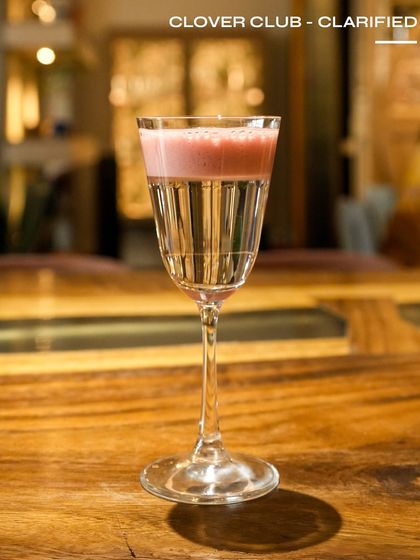 The Clover Club, clarified for a modern twist. This elegant cocktail features Malfy Limone Gin and has a distinct, clean berry flavour with a beautiful layered look.