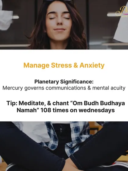 To manage stress and anxiety, we work with Mercury, the planet of communication and mental acuity. This astrological tip recommends a specific mantra to chant on Wednesdays to calm the mind and improve mental clarity.