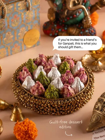 A beautiful platter of our assorted modaks, perfect for serving guests or as a thoughtful gift when visiting friends and family for Ganpati.