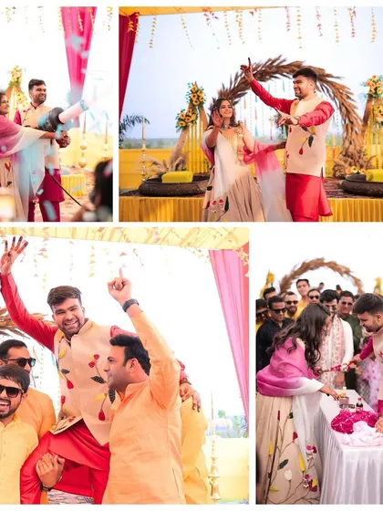 A collage of moments from a vibrant Haldi carnival. From the couple's entry with colour smoke to the cake cutting, it was a day full of joy.
