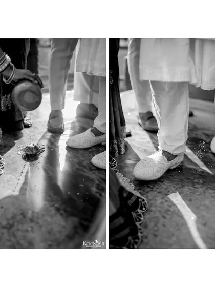 A diptych showing the traditional welcoming ritual for the groom. This black and white shot focuses on the details of the custom, capturing a moment of respect and tradition at the start of the wedding festivities.