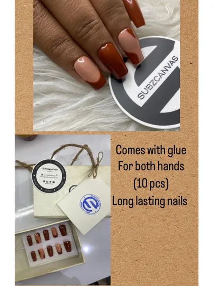 This is what you get with every order: a full set of 10 handmade, long-lasting press-on nails, application glue, and my signature Subzcanvas packaging. This set shows a modern French tip design in a rich brown.