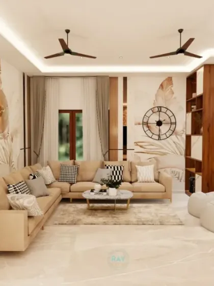 A view of a spacious living room with a neutral color palette, featuring a comfortable sofa and a large wall mural. The wooden partition cleverly separates the space while maintaining an open feel.