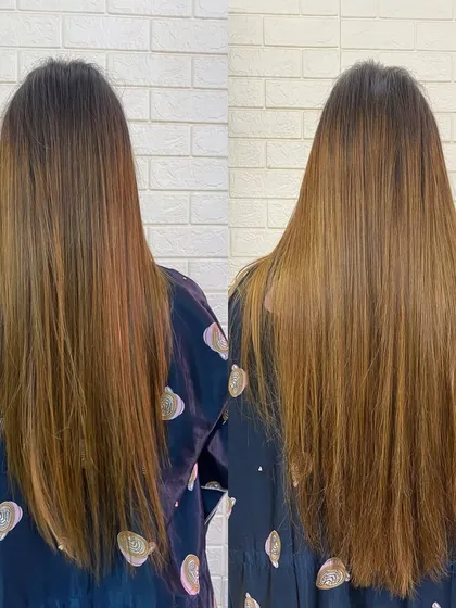 A subtle yet impactful transformation using micro ring extensions to add density and a bit of length, resulting in healthier-looking hair.