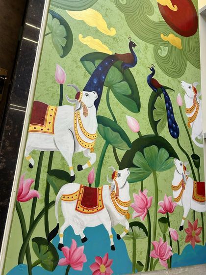 Another angle of the completed Pichwai wall art. The composition is designed to draw the eye upwards towards the sun, creating a sense of wonder and devotion.