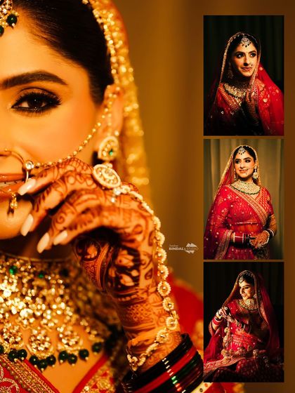 A collage of a bride in a retro-inspired look. The close-up on her eye and the various portraits showcase a unique and glamorous style.