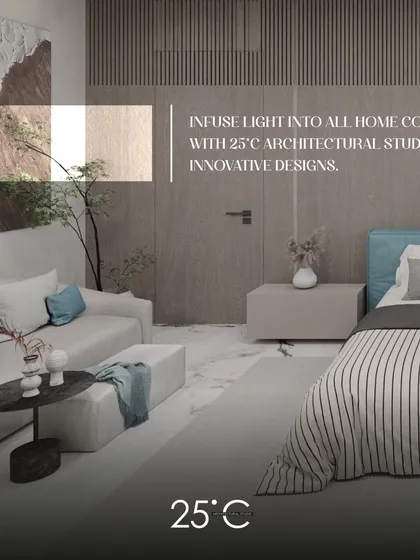 This image highlights our use of innovative design to infuse light into every corner. The bedroom features a soft, neutral palette, a textured art piece, and a mix of materials to create a bright and welcoming space.