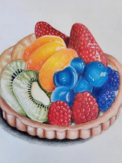 A close-up of my fruit tart drawing, showing the glossy blueberries and raspberries.