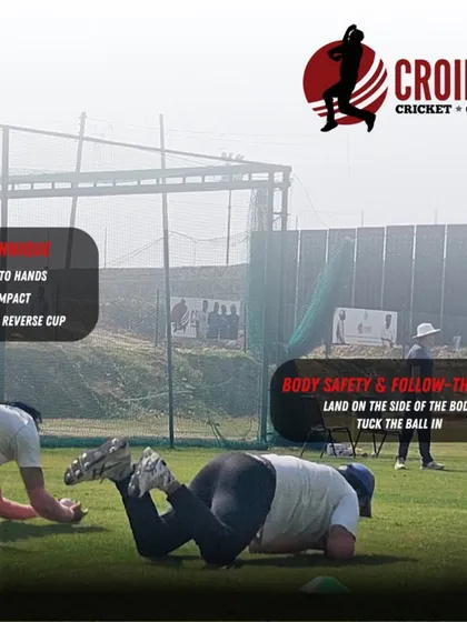 The final part of a diving catch is about body safety and securing the ball. Land on the side of your body to cushion the impact and immediately tuck the ball in to complete the catch.