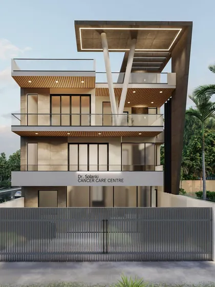 This is a 3D render of a mixed-use building we designed, featuring a healthcare center on the ground floor and a residence above. The design focuses on minimalist architecture with clean geometric forms, large glass windows, and an interplay of wood and concrete textures.