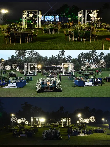 An overview of the grand Sangeet layout on the lawns of ITC Grand Goa. The space was dotted with elegant seating lounges and illuminated structures, creating a magical, open-air ballroom.