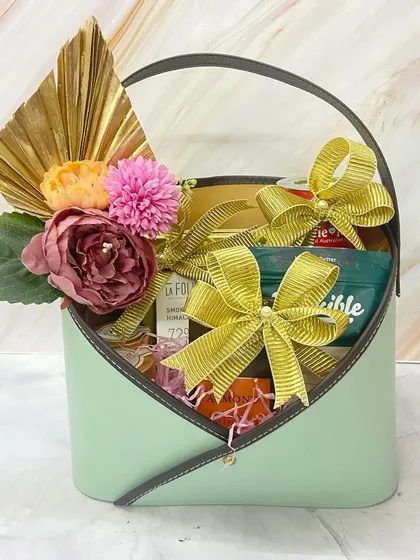 The same elegant envelope basket in a lovely mint green, showing the versatility of my designs for roka and engagement ceremonies.