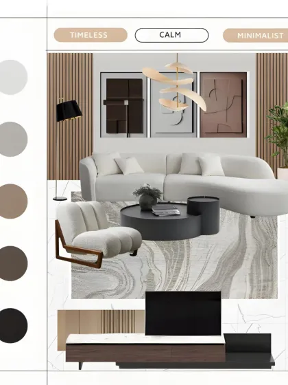 A mood board illustrating a calm, timeless, and minimalist living space, using soft neutrals, sculptural forms, and organic textures for a quiet luxury feel.
