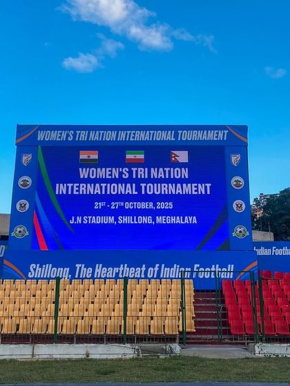 The giant screen at the Women's Tri-Nation International Football Tournament in Shillong. We provided all visual technology, including a giant P4 screen and perimeter LEDs, for a world-class game experience.