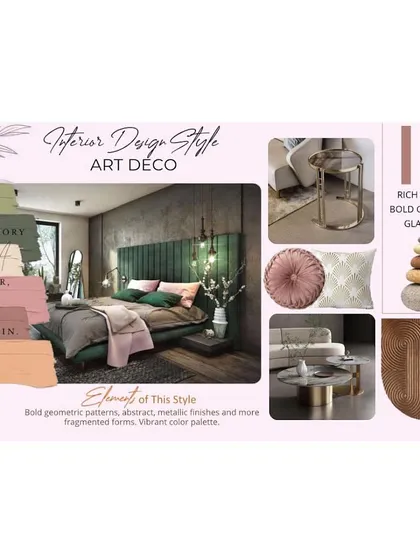An Art Deco style concept sheet for a bedroom in our Oberoi Enigma project. This mood board features rich colors, bold geometric patterns, and metallic finishes to create a glamorous and stylish space.