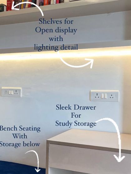 A detailed look at a space-saving study unit. It features sleek drawers, open shelving with integrated lighting, and bench seating with storage below, all designed to be compact and highly functional.