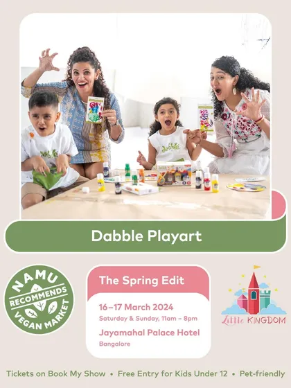 Dabble Playart is all about fun, non-toxic art supplies. This graphic shows a family enjoying their creative products.