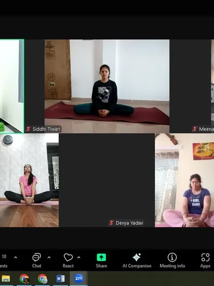 A group of women practice Baddha Konasana (Bound Angle Pose) during our online Women's Day session. This restorative yoga pose is particularly beneficial for women's health, as it stimulates the ovaries and can help soothe menstrual discomfort.