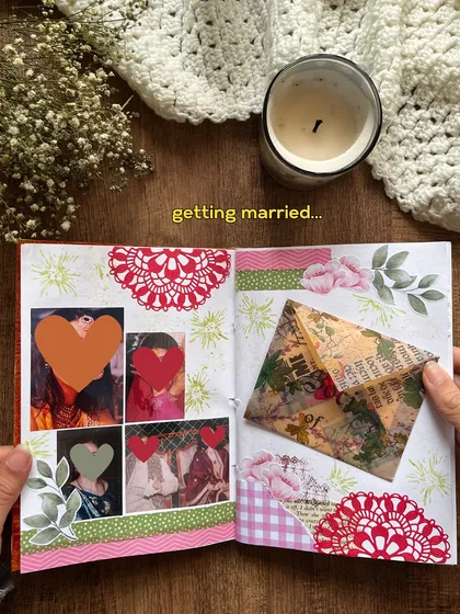 A page from the 25th anniversary scrapbook, featuring a collage of photos and a small envelope for a hidden note.