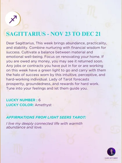 This week's tarot guidance for Sagittarius. The cards indicate a time of abundance, practicality, and stability, with a green light for jobs and contracts.