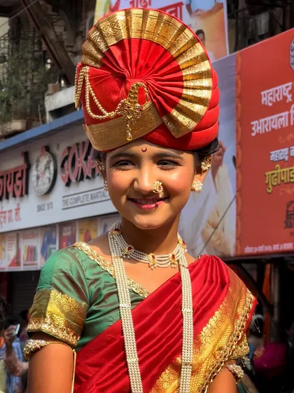 It's not just about the crowds, but the individuals. A close-up portrait of a young girl during the Gudi Padwa Shobhayatra, her smile and traditional Marathi attire telling a story of cultural pride.