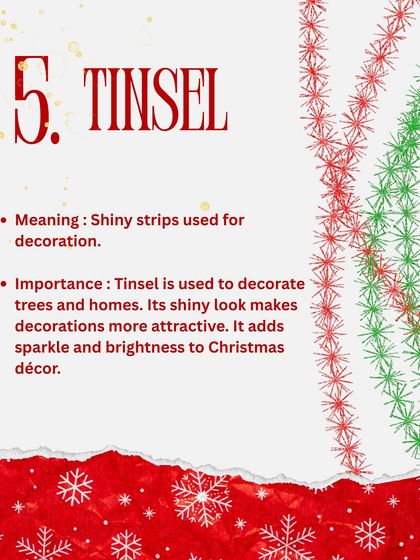 What is "tinsel"? This vocabulary lesson explains that it's the shiny strips used to decorate trees and homes, adding sparkle and brightness to the festive decor.