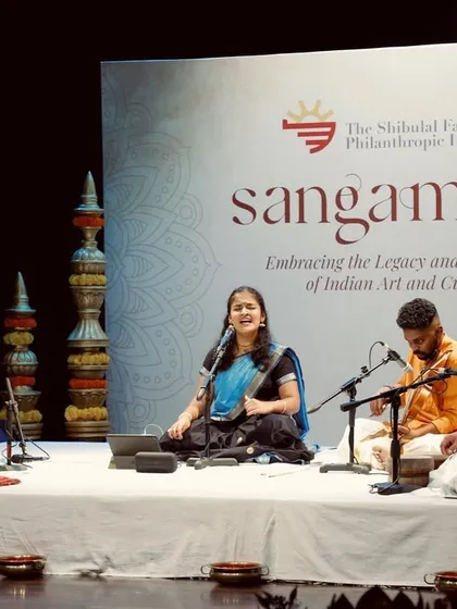 A full stage view of my concert for Sangamam at the Bangalore International Centre. You can see the complete ensemble here, with artists on mridangam, violin, and kanjira, creating the rich soundscape of a Carnatic concert.