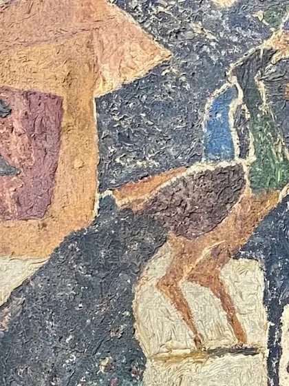 A detailed close-up of the M.F. Husain painting, focusing on the thick impasto texture and the depiction of a peacock. This view allows a deeper appreciation of the artist's technique and use of color from the 1960s.