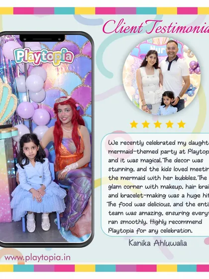 We are so grateful for feedback from happy families. This testimonial from a recent mermaid themed party highlights the magical decor, the glam corner with makeup and hair braiding, and our team's dedication to making every celebration run smoothly.