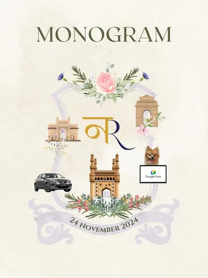 I believe a monogram should be a masterpiece of your personal story. For this couple, I wove together iconic landmarks from their journey, like the Gateway of India and Charminar, alongside their beloved pet, creating a truly bespoke emblem of their love.