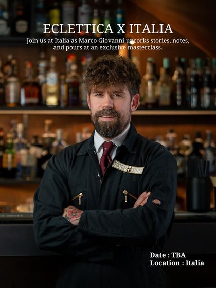 An announcement for an exclusive masterclass with award-winning mixologist Marco Giovanni. Guests can join him at Italia to uncork stories, notes, and pours.