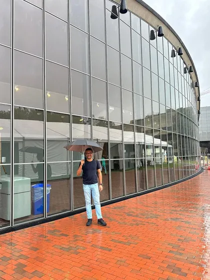 Outside the Kresge Auditorium at MIT, Boston, on a rainy day before our performance with the Anirudh Varma Collective. A dream come true.