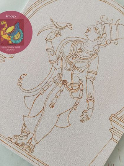 The brown outline of the standing Meenakshi painting, with some yellow details added.