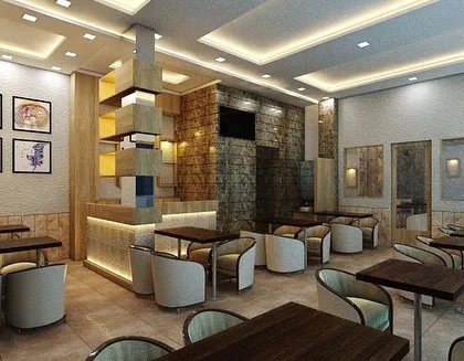 This is a visualization of a cafe and lounge concept, demonstrating our ability to create inviting hospitality spaces. The design balances various textures, including stone walls and plush seating, with a sophisticated lighting scheme to create a warm and modern ambiance perfect for patrons.