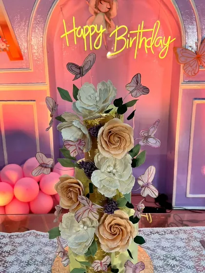 The details are what make a theme come to life. This stunning multi-tiered cake, adorned with handcrafted sugar flowers and delicate butterflies, was the centerpiece for an enchanted garden birthday party.