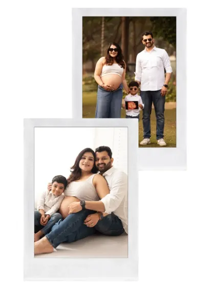 A collage showing both an indoor studio maternity portrait and an outdoor family shot. We offer combined sessions to give you a variety of looks.