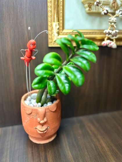 My handmade ant plant stake adds a unique chapter to your garden's story. Here it is, standing tall in a cute planter, bringing a bit of whimsy to a shelf.