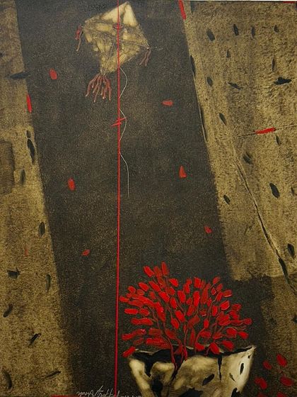 In this work by Yusuf Arakkal, a kite is tethered to a pot of vibrant red flowers, set against a stark, urban-like background. The artist questions our superficial notions of beauty, finding it instead in shattered fragments and solitude.