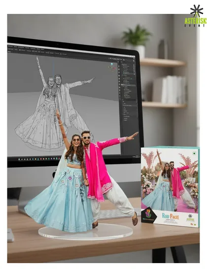 A fun and dynamic 3D miniature of the couple in a classic Bollywood pose.