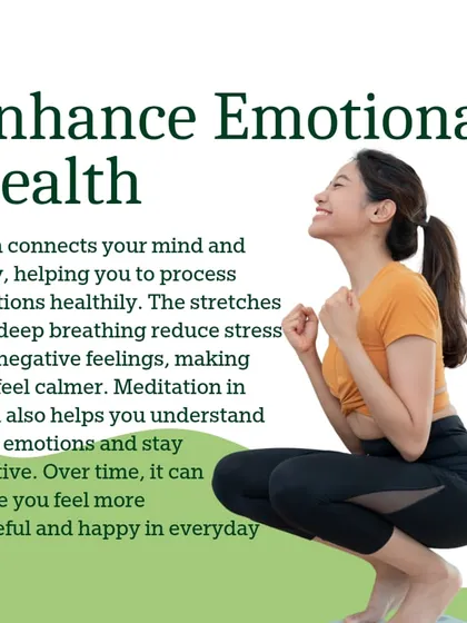 An infographic on how yoga enhances emotional health by helping you process emotions and reduce stress.