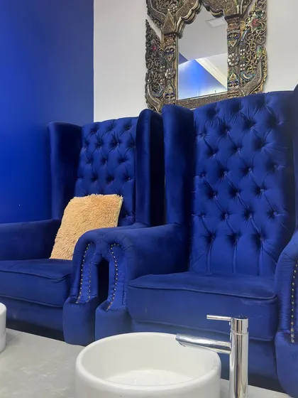 Your royal pampering session starts here. I ensure you feel completely relaxed and taken care of in my luxurious, high-back velvet pedicure chairs. It's the perfect way to unwind amidst the wedding planning chaos.