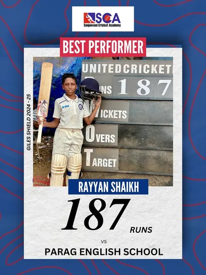 A massive score of 187 by Rayyan Shaikh in the Giles Shield tournament. We train our batsmen to build long innings and dominate the opposition.