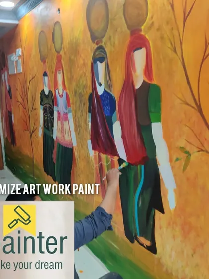 A glimpse of our artist at work on a custom, hand-painted mural. This piece depicts a vibrant cultural scene with stylized figures, showcasing our ability to create unique, large-scale artwork for your space.