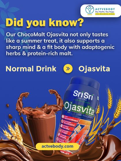Did you know our ChocoMalt Ojasvita tastes like a summer treat but also supports a sharp mind and fit body? This image explains its benefits from adaptogenic herbs and protein-rich malt.