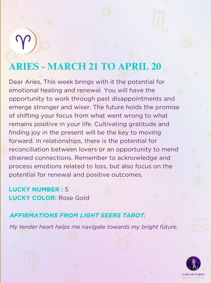 A weekly tarot prediction for Aries. This week brings the potential for emotional healing and renewal. You will have the opportunity to work through past disappointments and emerge stronger and wiser.