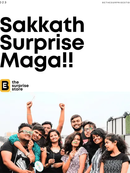 Sakkath Surprise Maga! A group of friends posing for a picture, full of energy and happiness during their celebration.