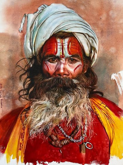 A portrait of a sadhu from Banaras, focusing on the traditional face paint and the textures of his beard and clothing. This is an example of how we capture cultural details with respect and realism.