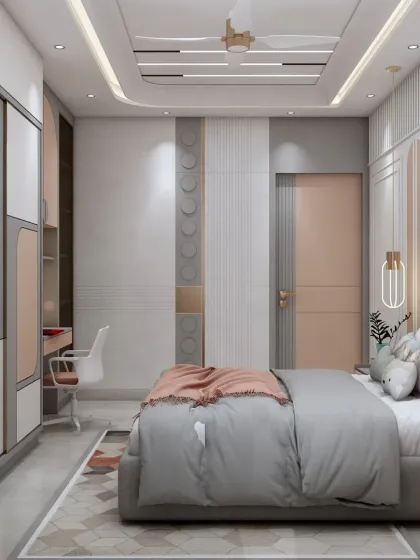 This view shows the full layout of the kids' room, with a focus on the modern wardrobe and the clean, uncluttered design.