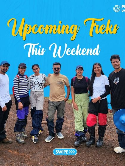 A group of friends on a trail, ready for their weekend adventure. Swipe to see our upcoming treks and join the fun.