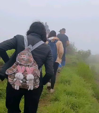 A line of trekkers on a narrow path, showing the journey through the misty grasslands.